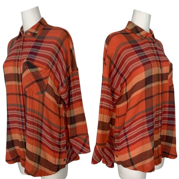 Free People Year Round Buttondown Shirt XS Orange Plaid Oversized Fall Fashion - Picture 3 of 14